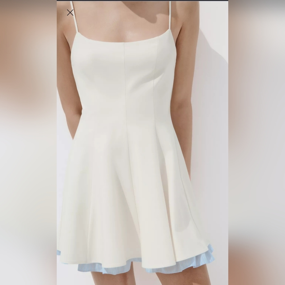 ZARA White Short Dress With Blue Trimmed Underskirt S NWT